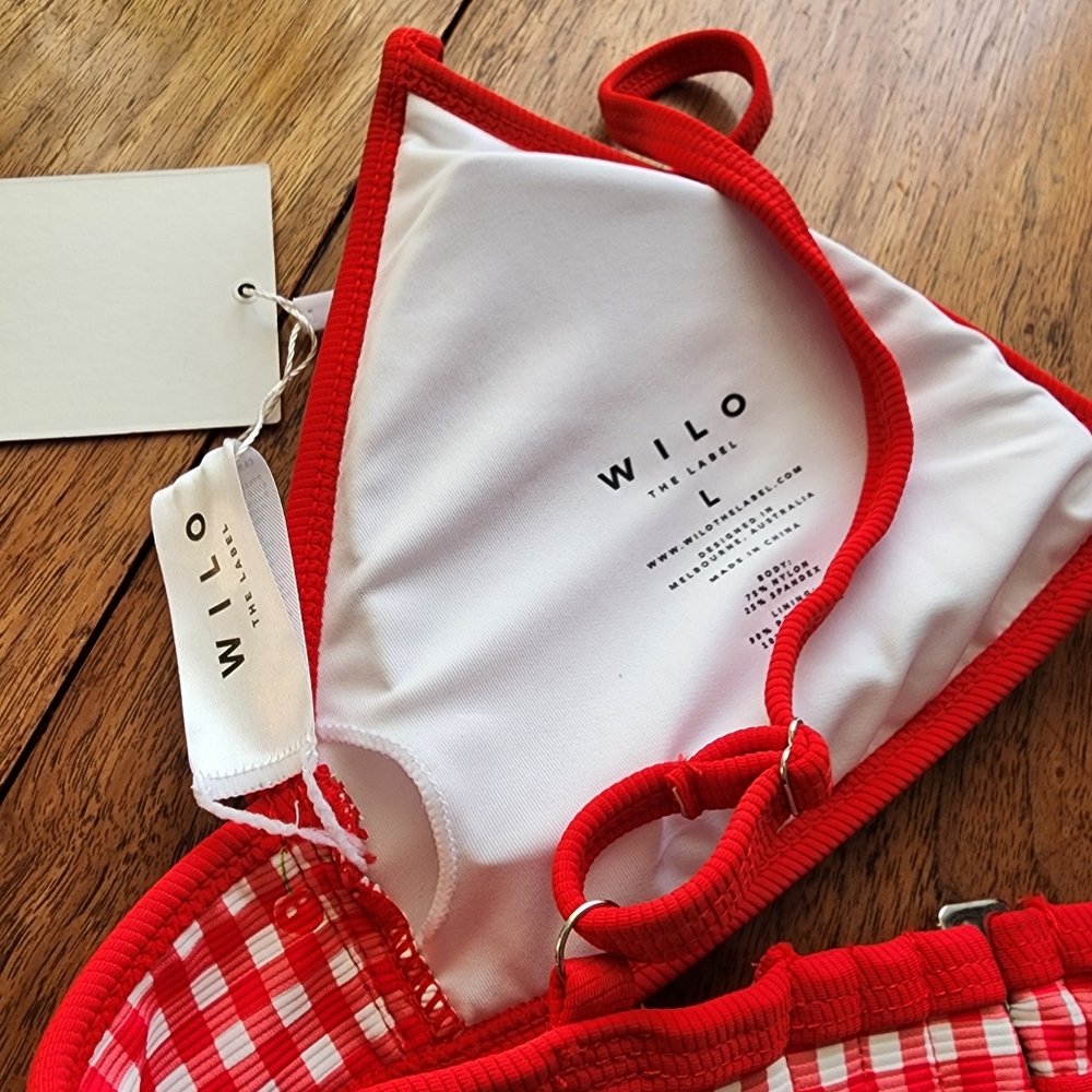 NWT WILO THE LABEL Red Gingham Cherry Bikini Swimsuit Top Bottom and Scrunchie - Picture 8 of 14